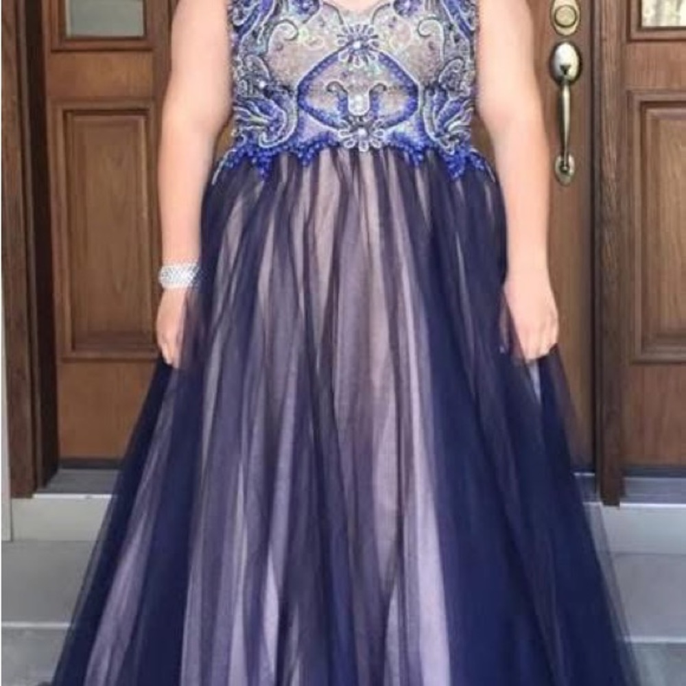 Elegant long navy prom or pageant dress